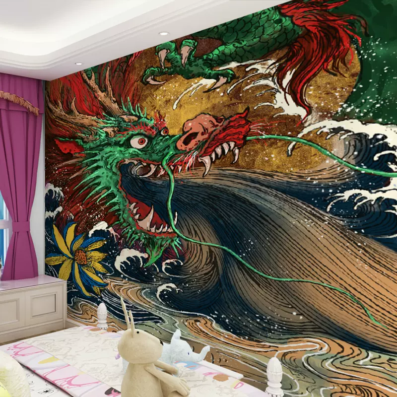 紋身工作室紋身店壁紙青龍中國龍壁紙刺青壁畫裝飾圖案背景牆牆布 Taobao