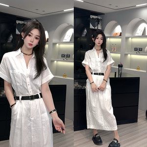 
Short-sleeved dress for women 2025 summer new style design solid color high waist long skirt slit hem lapel skirt