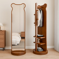 Solid Wood Bear-Shaped Full-Length Mirror, Floor-Standing Mirror for Bedroom, Home Use Rotating Fitting Mirror, Integrated Clothes Rack and Storage