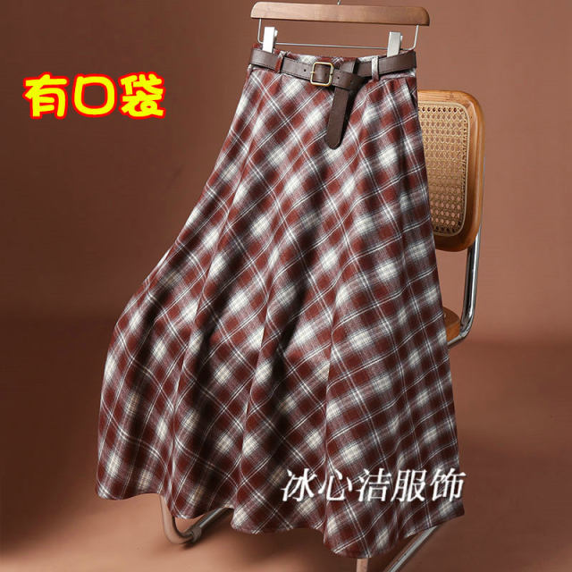 Retro pocket plaid skirt for women 2025 spring and autumn new small high-waisted slim skirt for women