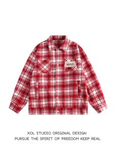 
XOL American high street color-blocking embroidered plaid long-sleeved shirt jacket for men and women design niche loose trendy jacket