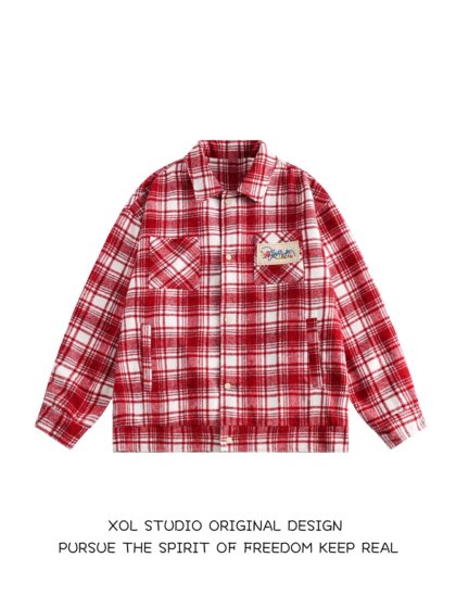 
XOL American high street color-blocking embroidered plaid long-sleeved shirt jacket for men and women design niche loose trendy jacket