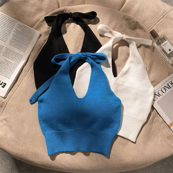 Small suspender wears hot girl strapless beautiful back top for women summer design lace-up halter neck knitted base vest for women