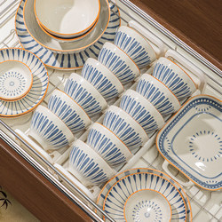 Underglaze Colored Jingdezhen Bowl and Plate Set, Wabi-Sabi Retro Vintage Style, High Aesthetic Japanese Tableware Set, Bowls and Plates for Housewarming