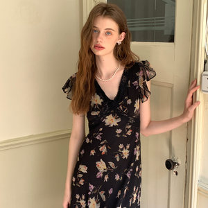 
Zhuyiyi original French black/purple waisted floral sleeveless dress for women summer v-neck slim pure lust long skirt