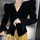 French temperament celebrity V-neck bubble trumpet sleeve waist slit versatile women velvet retro slim body sleeves