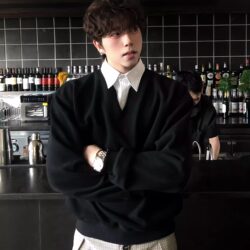 Korean Autumn and Winter Intellectual Style Two-Piece Striped V-Neck Solid Color Sweatshirt Short Wide Boxy Pullover Versatile College Style