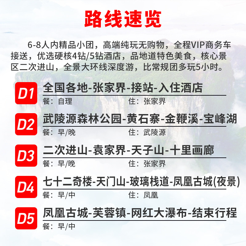 8-16人VIP小团纯玩湖南张家界旅游5天4晚森林公园天门山凤凰古城