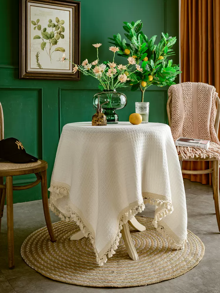 棉麻北欧法式轻奢复古蕾丝盖布米白餐桌小圆桌布