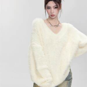 
Cream fufu white mink velvet V-neck pullover sweater for women in autumn and winter, soft and lazy mohair sweater