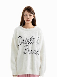 
DRINTO Basic Slogan Mink Sweater Loose Casual Sweater College Style Jacquard Round Neck Knitted Sweater