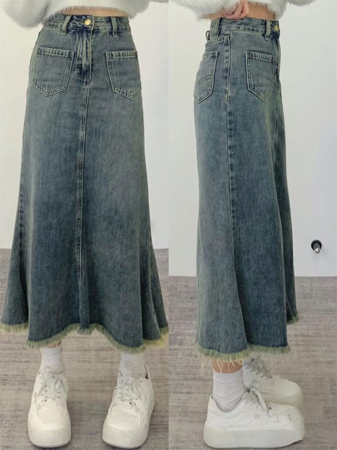 Retro mid-length denim skirt for women in spring and summer 2024 new large-size fish tail half-body long skirt A-line slim hip-pack skirt