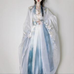 Original Hanfu women [Begonia flower] Heavy industry embroidered double-layer large-sleeved shirt waist-length blue cool ancient style suit