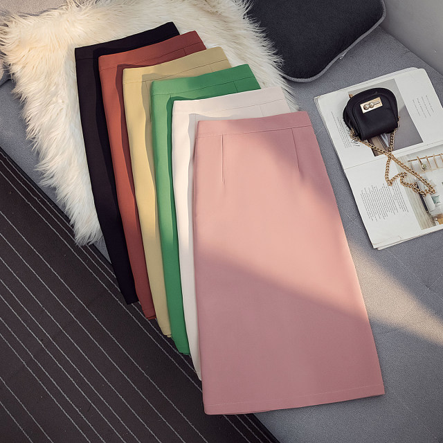 Korean zipper high -waisted split pink skirt Female summer commute, breathable versatile, thin mid -length straight skirt
