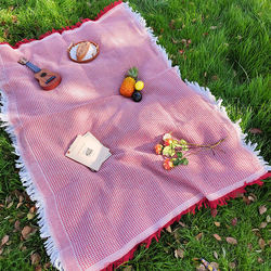 Spring Outing Outdoor Picnic Mat with Lace, Red Checkered, Thickened, Portable Grass Mat, Camping Photo Prop, Beach Blanket, Atmosphere Tablecloth