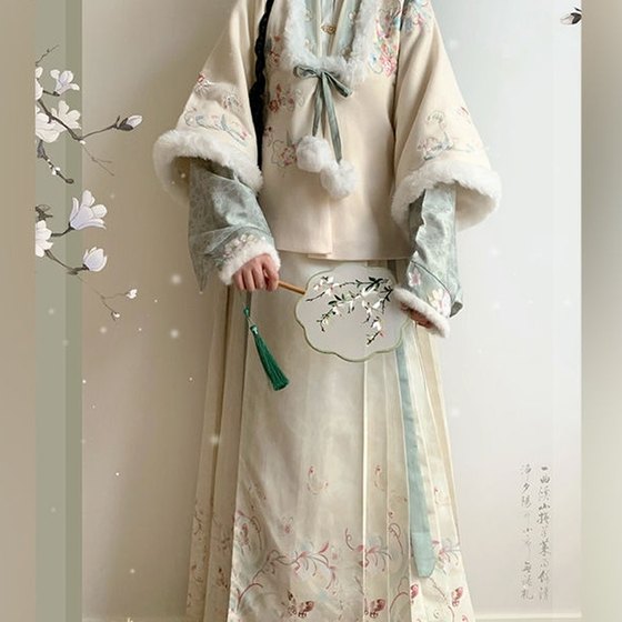 Ming-made small Hanfu women's velvet collar shawl jacket, stand-up collar, pipa sleeves, daily national style horse-faced skirt, autumn and winter suit