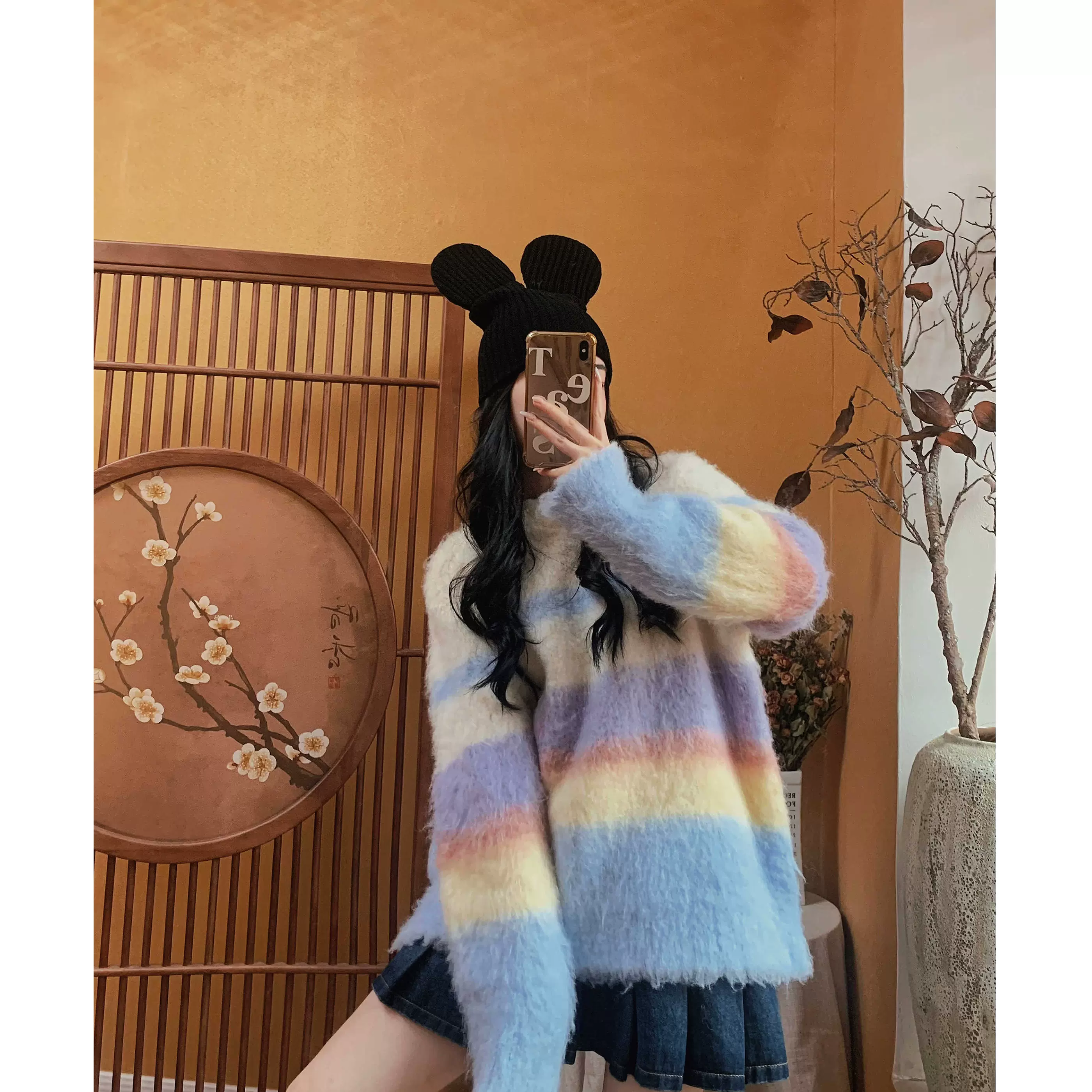 Chan 毛衣女新款21年爆款冬设计感洋气时尚彩虹条纹外