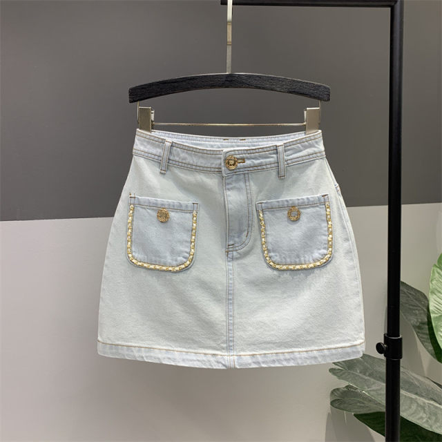 2025 summer new pocket chain design sense denim skirt for women versatile slim A-line skirt
