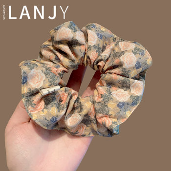 
French oil painting style champagne rose large intestine hair ring retro elegant hair ball hair rope high-quality headband headdress