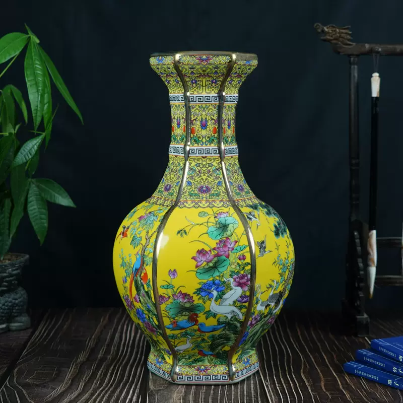 仿古珐琅彩花鸟六方瓶中式陶瓷家居客厅装饰花瓶工艺品摆件-Taobao