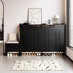 Minimalist Solid Wood Shoe Cabinet with Skeleton Lines for Home Entrance, Living Room, Slate Storage Cabinet, Large Capacity Entryway Cabinet