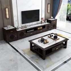 Yangman New Chinese Style Rock Slab Tv Cabinet and Coffee Table Set, Zen-Inspired Light Luxury Modern Chinese Living Room Media Cabinet Combination