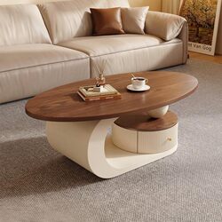 Yangman Walnut-Colored Coffee Table Set, Light Luxury with a High-End Feel, Suitable for Small-Sized Living Rooms, Mid-Century Style Designer Oval Shape