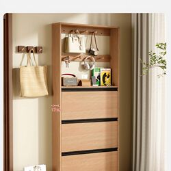 Yangman Entry-Level Thin Shoe Cabinet for Home Use, Ultra-Thin Model Against the Wall, Solid Wood Flip-Up Style, 17cm High Entryway Cabinet