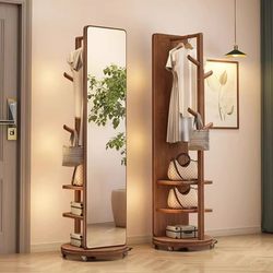 Yangman Solid Wood Coat Rack Bedroom Floor-Standing Coat Rack with Mirror Integrated Living Room Household Movable Multi-Functional