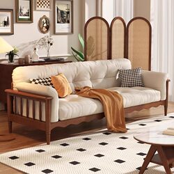 Fujiaojiang French-Style Solid Wood Sofa, Retro-Style Living Room Sofa, Dual-Use for Winter and Summer, Three-Seater Japanese-Style Vintage Fabric Sofa