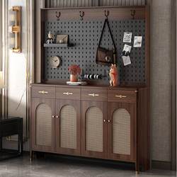 Luxurious Rattan Shoe Cabinet with Integrated Clothes Rack, Solid Wood Home Entryway Cabinet with Pegboard for Balcony