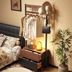 Yangman Solid Wood Coat Rack and Bedside Table Integrated Antique-Style Small Apartment Storage Cabinet Bedroom Multifunctional Movable Wardrobe