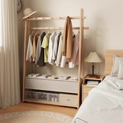Eisen Solid Wood Coat Rack Bedroom Clothes Rack Movable Indoor Floor-Standing Clothes Drying Rack Overnight Clothes Storage