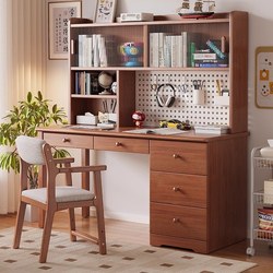 Yangman Solid Wood Desk and Bookcase Integrated Office Desk and Chair Set for Students, Home Use, Bedroom Study Desk with Pegboard