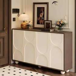 Luxurious Cream-Colored Antique-Style Shoe Cabinet and Storage Cabinet Integrated Against the Wall, New Model for Home Entrance, Solid Wood Foyer