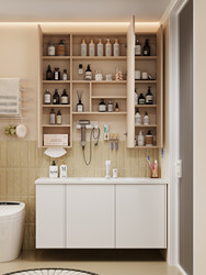 Dipurui Japanese-Style Cream Minimalist Washbasin with Integrated Curved Countertop and Side Storage Bathroom Cabinet Set