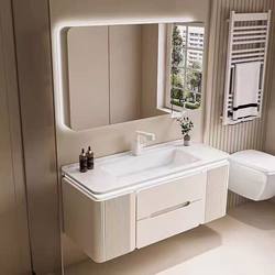 Qiyu Rubber Wood Bathroom Cabinet Set, Cream-Style Washbasin with Rounded Corners, Ceramic Integrated Basin Cabinet, Smart Handwashing and Facewashing