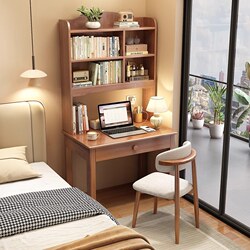 Luxurious Solid Wood Desk with Integrated Bookshelf, Small Apartment Computer Desk, Student Home Study Desk, Bedroom Bedside Table