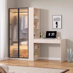 Yangman Cream-Colored Glass Door Wardrobe Desk Integrated Combination Small Apartment Wardrobe Home Bedroom Computer Desk
