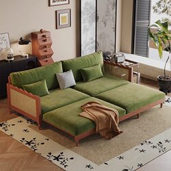 Fujiaojiang French-Style Retro Solid Wood Sofa for Living Room, Four to Three-Seater, Baby Velvet Fabric Straight-Row Sofa, Home Sofa