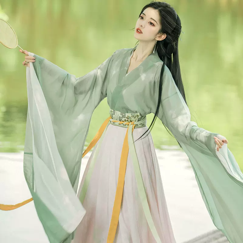 魏晉風綠色漢服女交領襦裙廣袖流仙裙超仙飄逸改良古裝夏日常可穿-Taobao