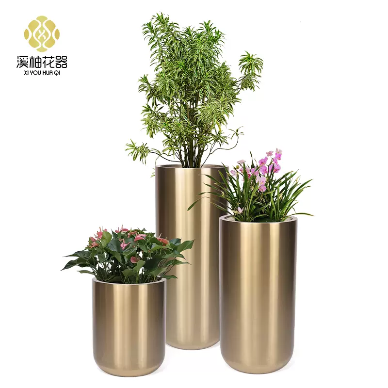 溪柚花器不锈钢花盆圆弧形组合金色花器酒店商场美陈