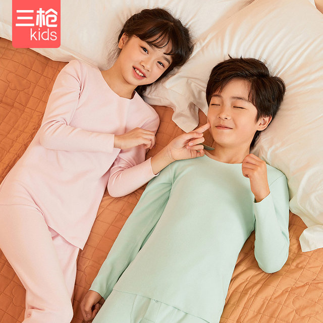 Three-gun children's boys and girls' high-count antibacterial long-staple cotton brushed thickened autumn and winter thermal underwear set
