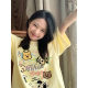 Creamy yellow cartoon color lines dog new summer trendy brand printed short-sleeved niche couple petite top