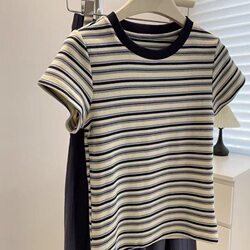 Korean Style Ins Striped Short-Sleeve T-Shirt for Women, 2026 Summer New Trendy Round Neck Color-Block Short-Sleeve Top for Women