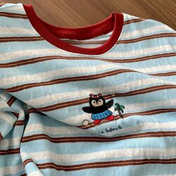 Embroidered Little Penguin Color-Block Striped Short-Sleeve T-Shirt for Women, New Summer Style, College Style, Versatile Round Neck Loose Top, Ins Style