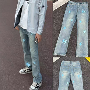 
2025 Autumn New American Retro Lightning Leather Jeans Men's Personalized Trendy Brand Loose Straight Slightly Flared Trousers