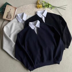 Xanvas Intellectual Two-Piece Striped V-Neck Solid Color Sweatshirt Short Wide Boxy Pullover Versatile College Style