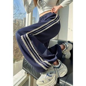 
Fat MM Extra Large Size 300*0.5kg Drawstring Tie Female Casual Sport Pants Women's Wide Legs Lace Spliced ​​Striped Sleeve Pants