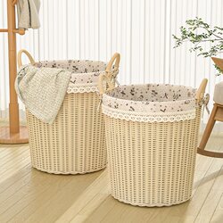 Cream-Colored Laundry Basket, High-End and Luxurious, Laundry Storage Basket, Household Faux Rattan Woven Clothes Storage Basket